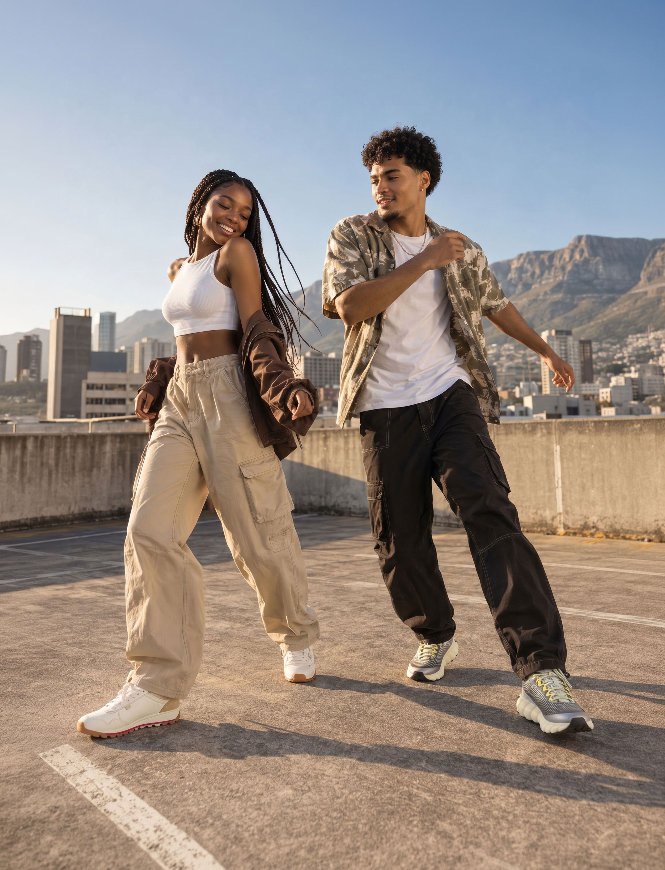 Two creators walking together on a rooftop, wearing Medicus sneakers